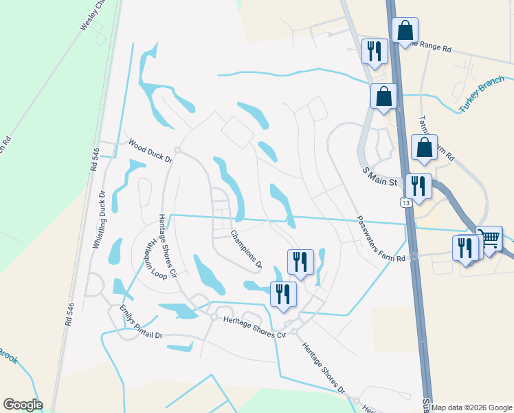 map of restaurants, bars, coffee shops, grocery stores, and more near 23 Waterside Drive in Bridgeville