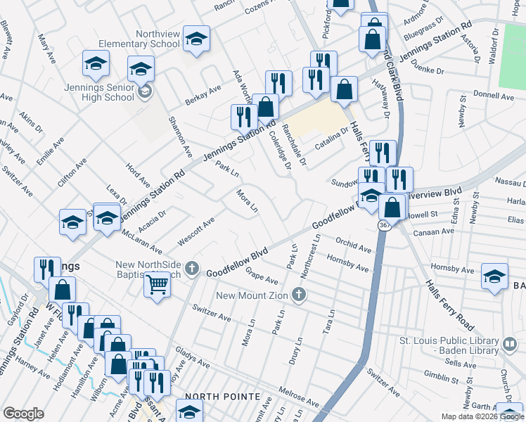 map of restaurants, bars, coffee shops, grocery stores, and more near 1920 Park Lane in Jennings