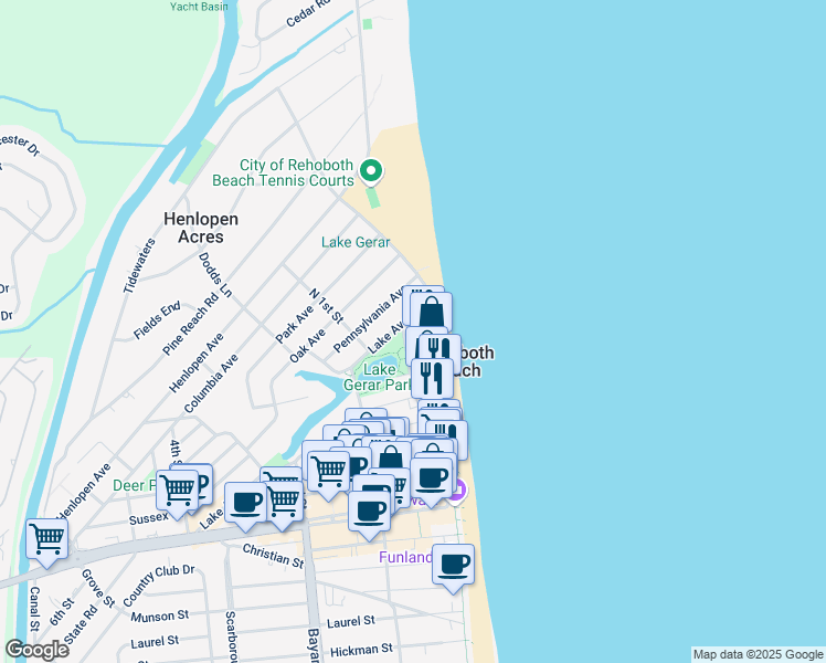 map of restaurants, bars, coffee shops, grocery stores, and more near 527 North Boardwalk in Rehoboth Beach