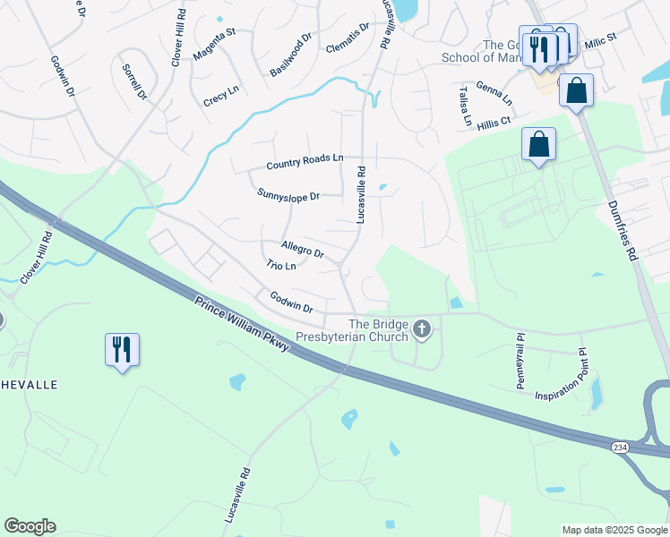 map of restaurants, bars, coffee shops, grocery stores, and more near 9479 Allegro Drive in Manassas