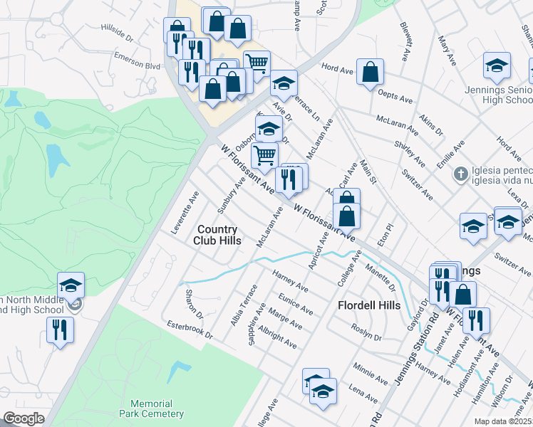 map of restaurants, bars, coffee shops, grocery stores, and more near 7408 West Florissant Avenue in St. Louis
