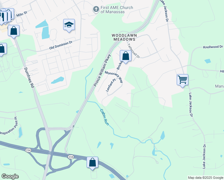 map of restaurants, bars, coffee shops, grocery stores, and more near 10786 Monocacy Way in Manassas