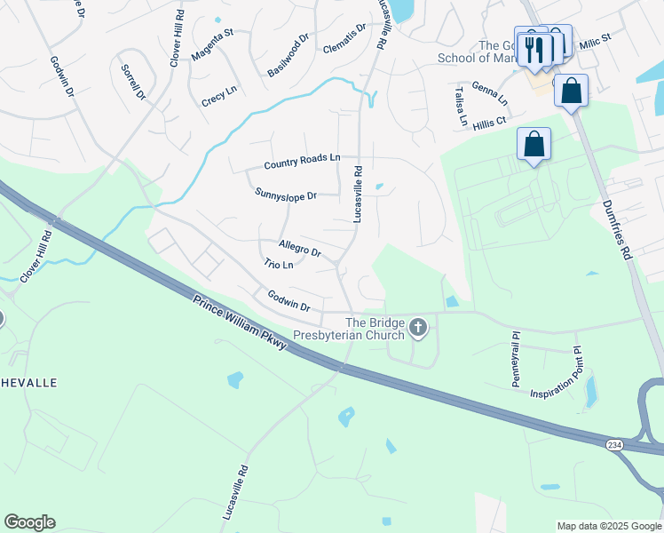 map of restaurants, bars, coffee shops, grocery stores, and more near 9479 Allegro Drive in Manassas