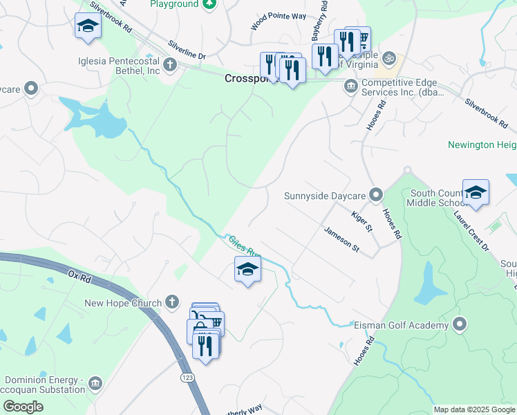 map of restaurants, bars, coffee shops, grocery stores, and more near 8608 Oak Brook Lane in Fairfax Station