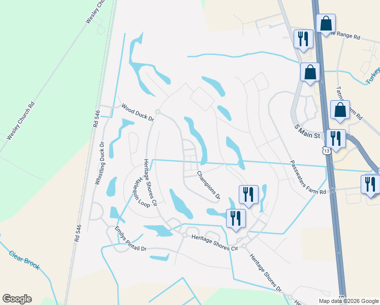 map of restaurants, bars, coffee shops, grocery stores, and more near 5 Legends Way in Bridgeville
