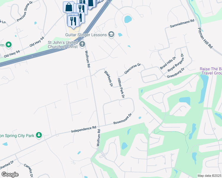 map of restaurants, bars, coffee shops, grocery stores, and more near 741 Blairbeth Drive in Weldon Spring