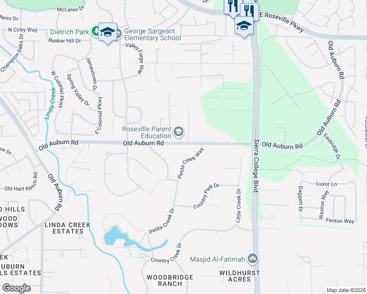 map of restaurants, bars, coffee shops, grocery stores, and more near 3685 Old Auburn Road in Roseville