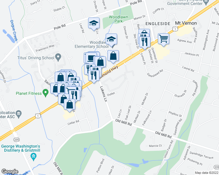 map of restaurants, bars, coffee shops, grocery stores, and more near 8720 Walutes Circle in Alexandria