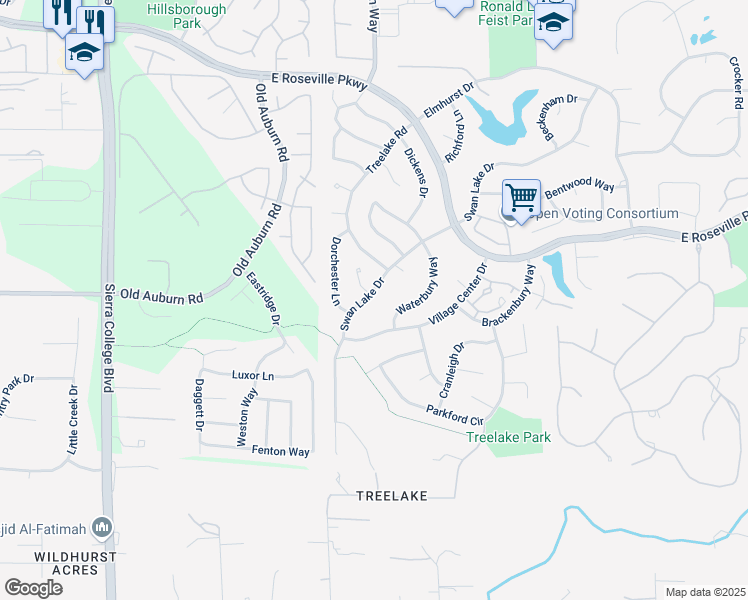 map of restaurants, bars, coffee shops, grocery stores, and more near 9679 Swan Lake Drive in Granite Bay