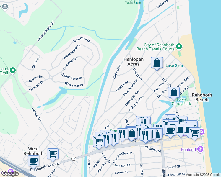 map of restaurants, bars, coffee shops, grocery stores, and more near 77 Tidewaters in Rehoboth Beach