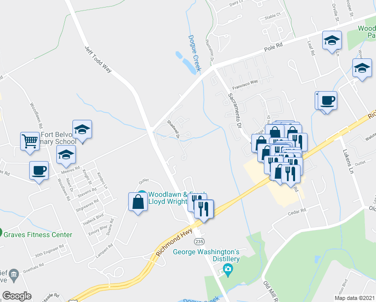 map of restaurants, bars, coffee shops, grocery stores, and more near 5700 Shadwell Court in Alexandria