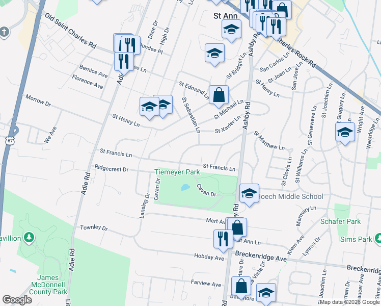 map of restaurants, bars, coffee shops, grocery stores, and more near 10707 Saint Matthew Lane in Saint Ann