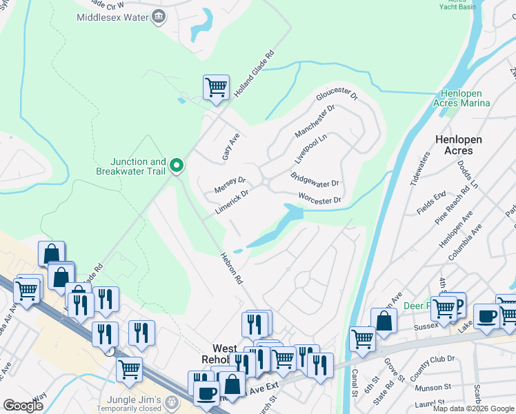 map of restaurants, bars, coffee shops, grocery stores, and more near 19384 Mersey Drive in Rehoboth Beach