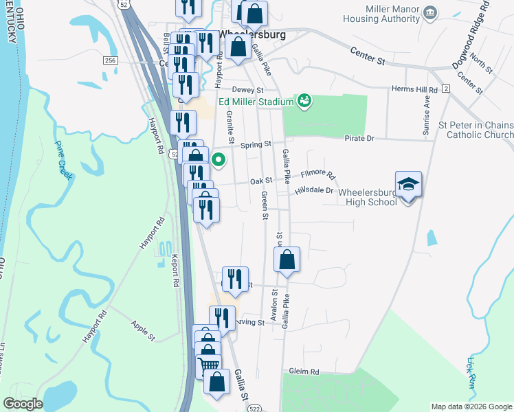map of restaurants, bars, coffee shops, grocery stores, and more near 8516 Granite Street in Wheelersburg