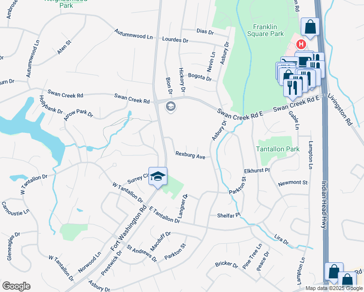 map of restaurants, bars, coffee shops, grocery stores, and more near 12203 Dillard Place in Fort Washington
