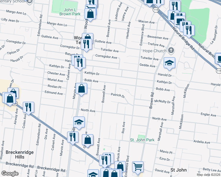 map of restaurants, bars, coffee shops, grocery stores, and more near 9082 Bobb Avenue in St. Louis