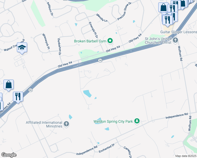 map of restaurants, bars, coffee shops, grocery stores, and more near 629 Breeze View Lane in Saint Charles