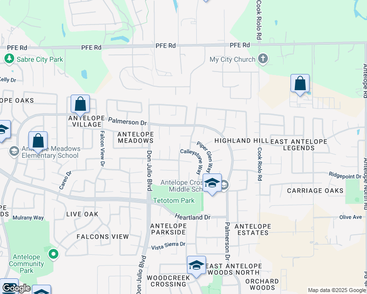 map of restaurants, bars, coffee shops, grocery stores, and more near 5206 Crown Ridge Court in Antelope