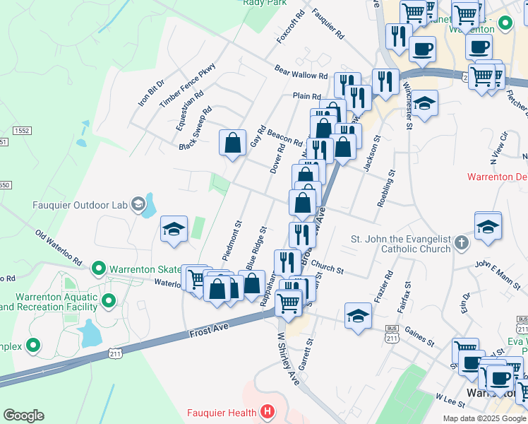 map of restaurants, bars, coffee shops, grocery stores, and more near 152 Blue Ridge Street in Warrenton