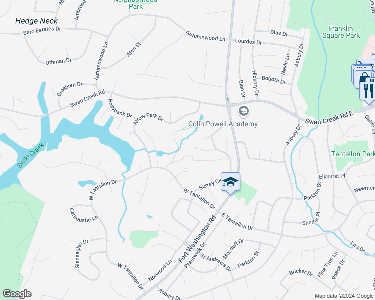 map of restaurants, bars, coffee shops, grocery stores, and more near 101 River Forest Ln in Fort Washington