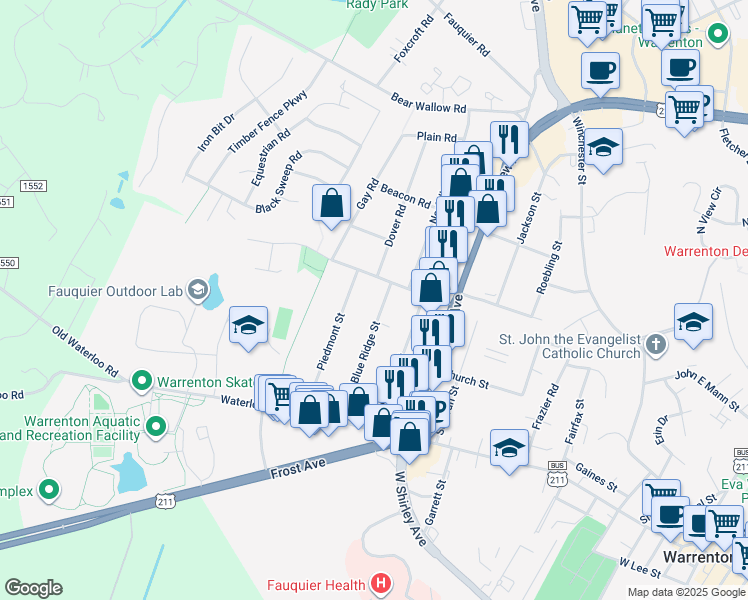 map of restaurants, bars, coffee shops, grocery stores, and more near 152 Blue Ridge Street in Warrenton