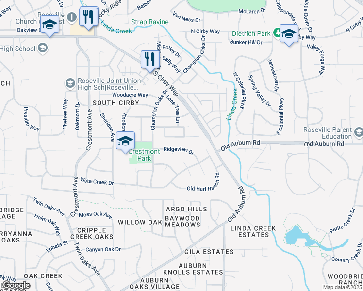 map of restaurants, bars, coffee shops, grocery stores, and more near 1866 Hidden View Lane in Roseville