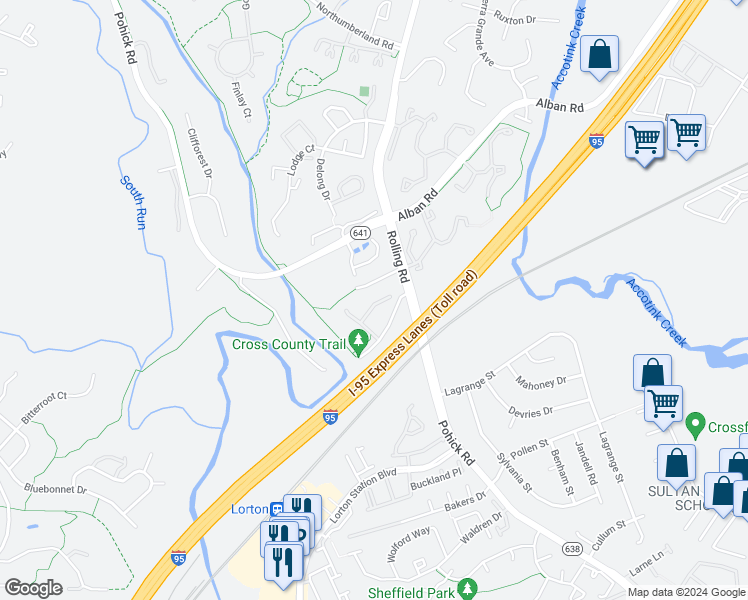 map of restaurants, bars, coffee shops, grocery stores, and more near 7716 Hickory Glen Way in Springfield