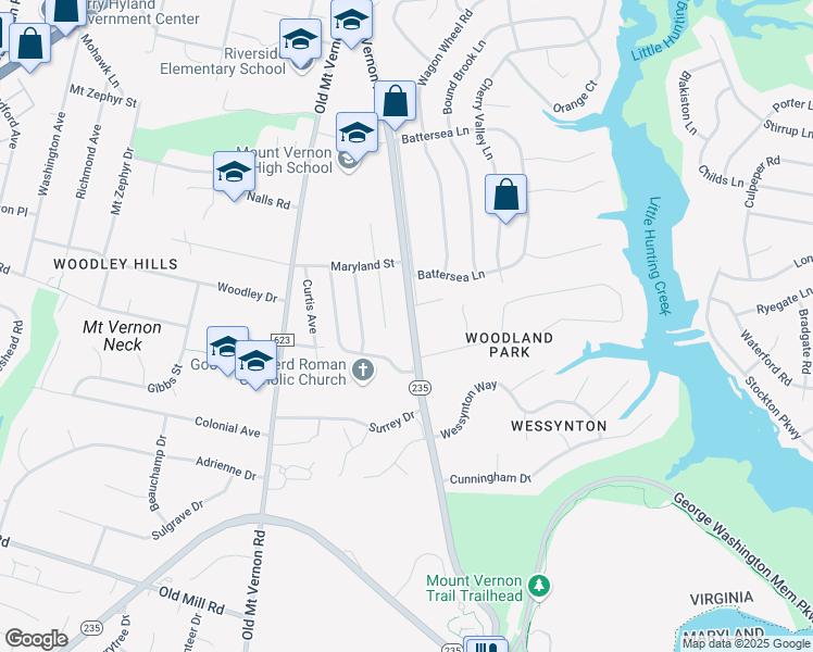 map of restaurants, bars, coffee shops, grocery stores, and more near 8640 Mount Vernon Highway in Alexandria