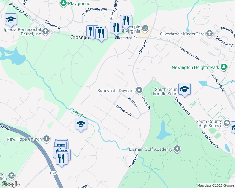 map of restaurants, bars, coffee shops, grocery stores, and more near 9007 Kiger Street in Lorton