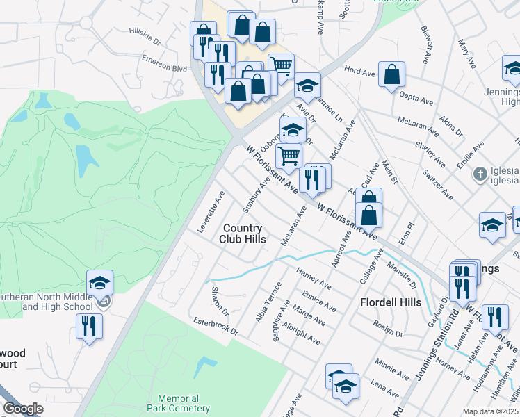 map of restaurants, bars, coffee shops, grocery stores, and more near 7500 Calvin Avenue in St. Louis