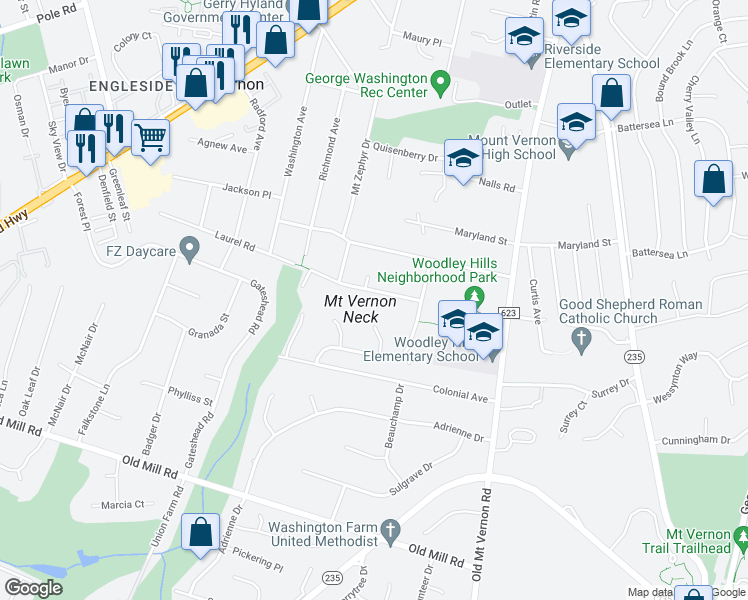 map of restaurants, bars, coffee shops, grocery stores, and more near 4009 Laurel Road in Alexandria