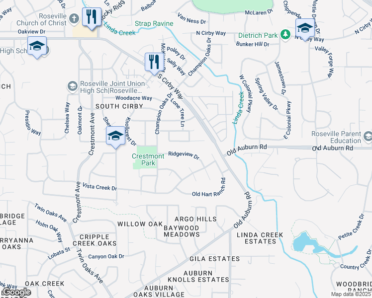map of restaurants, bars, coffee shops, grocery stores, and more near 1866 Hidden View Lane in Roseville