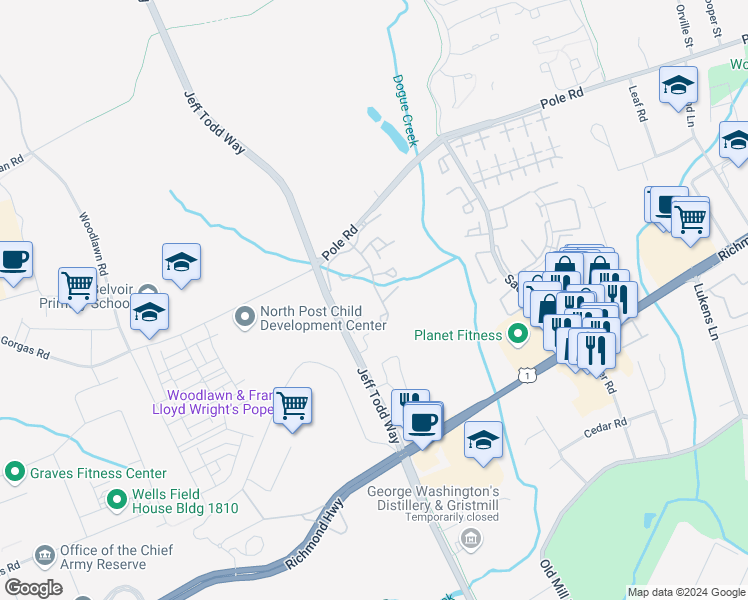 map of restaurants, bars, coffee shops, grocery stores, and more near 8604 Shadwell Drive in Alexandria