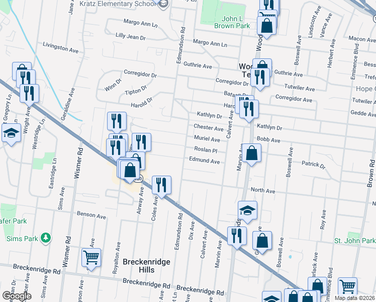 map of restaurants, bars, coffee shops, grocery stores, and more near 9515 Roslan Place in St. Louis