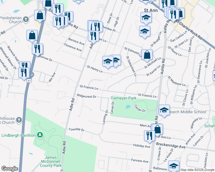 map of restaurants, bars, coffee shops, grocery stores, and more near 10904 Saint Boniface Lane in Saint Ann