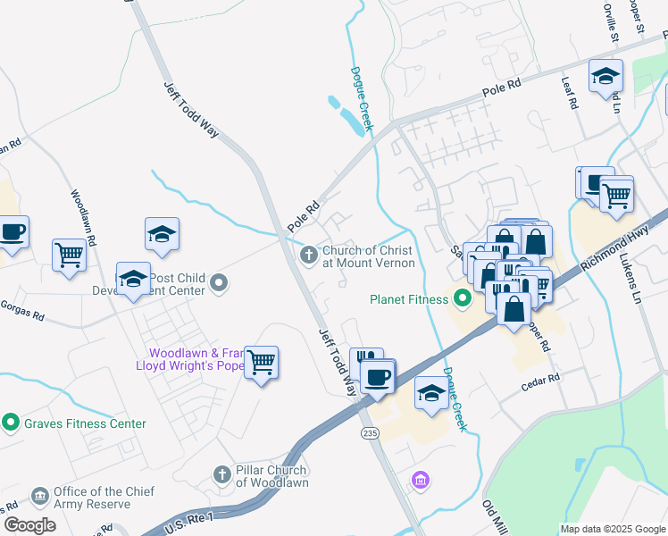 map of restaurants, bars, coffee shops, grocery stores, and more near 8604 Shadwell Drive in Alexandria