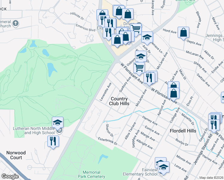 map of restaurants, bars, coffee shops, grocery stores, and more near 5658 Leverette Avenue in St. Louis
