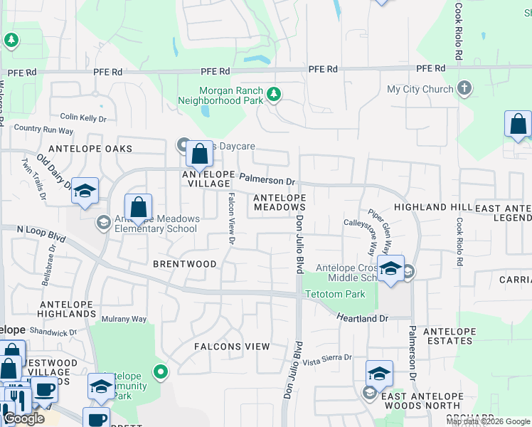 map of restaurants, bars, coffee shops, grocery stores, and more near 5001 Meadow Pass Way in Antelope