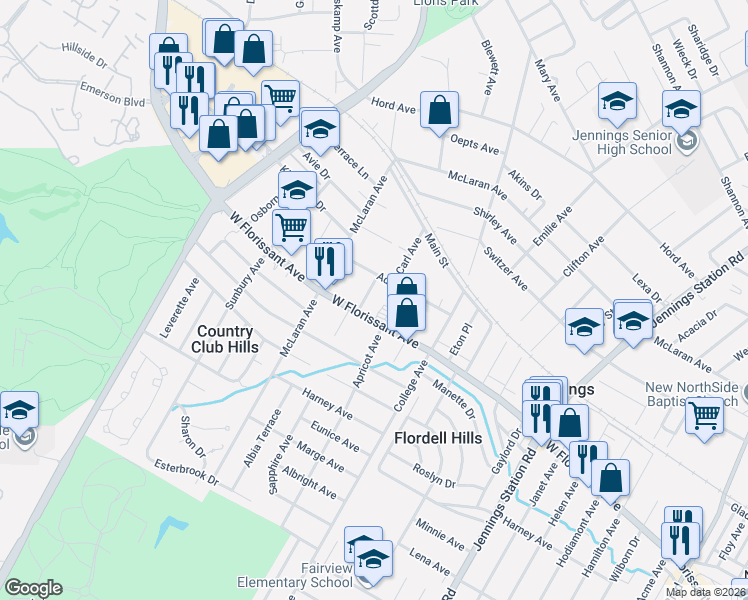 map of restaurants, bars, coffee shops, grocery stores, and more near 8326 Carl Avenue in Jennings