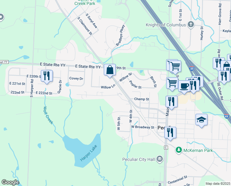 map of restaurants, bars, coffee shops, grocery stores, and more near 201 Shari Dr in Peculiar