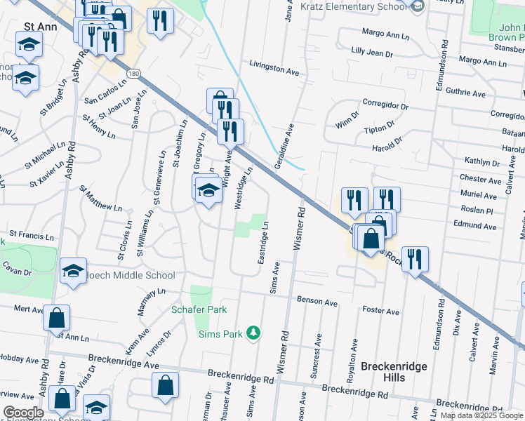 map of restaurants, bars, coffee shops, grocery stores, and more near 3513 Eastridge Lane in Saint Ann