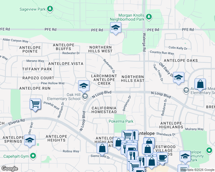 map of restaurants, bars, coffee shops, grocery stores, and more near 8323 Story Ridge Way in Antelope