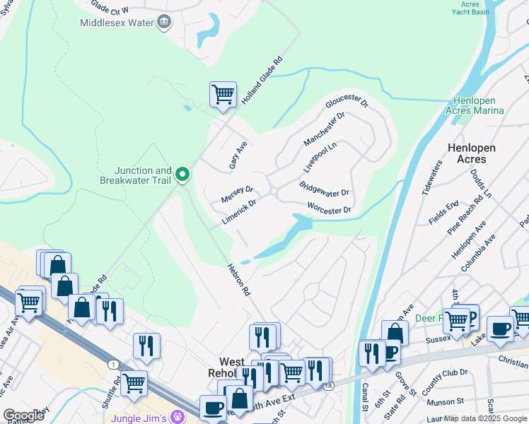 map of restaurants, bars, coffee shops, grocery stores, and more near 19384 Mersey Drive in Rehoboth Beach