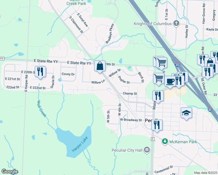 map of restaurants, bars, coffee shops, grocery stores, and more near 201 Shari Drive in Peculiar