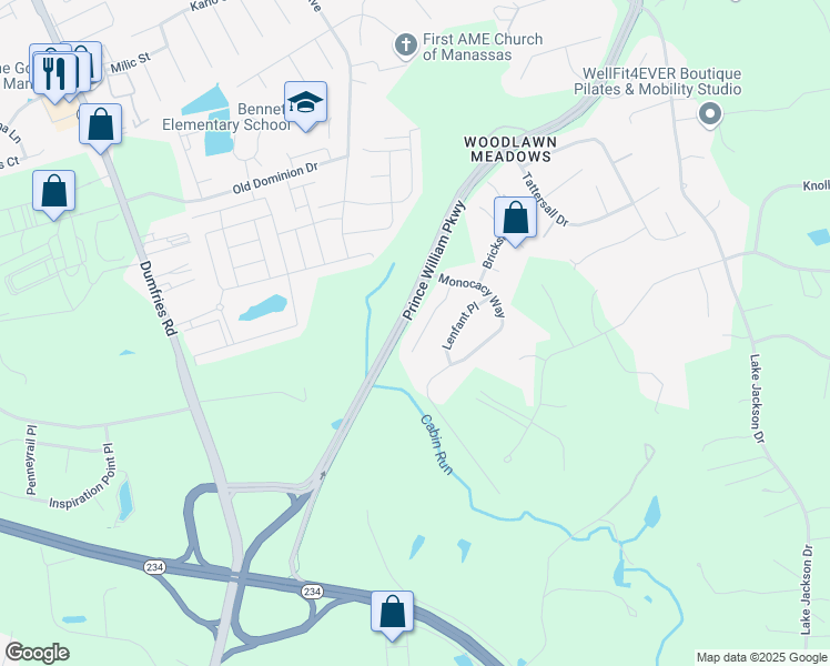 map of restaurants, bars, coffee shops, grocery stores, and more near 10638 Moselle Court in Manassas