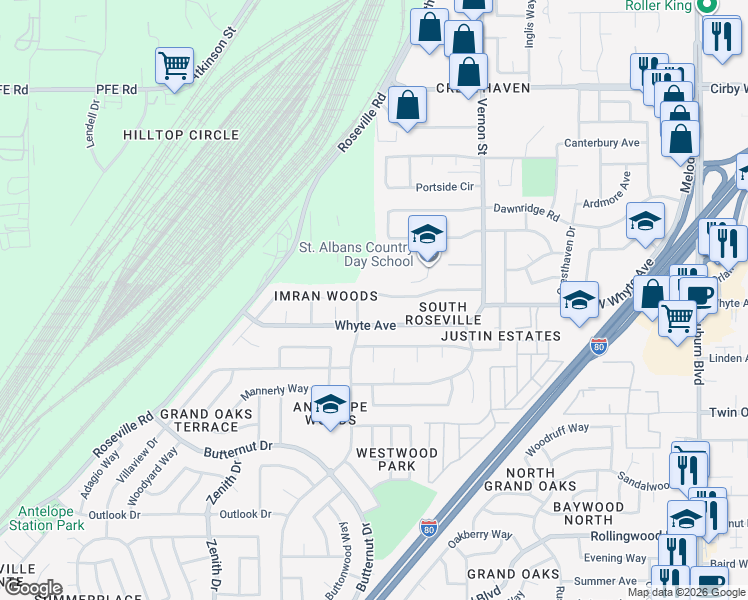 map of restaurants, bars, coffee shops, grocery stores, and more near 648 Vernon Oaks Drive in Roseville