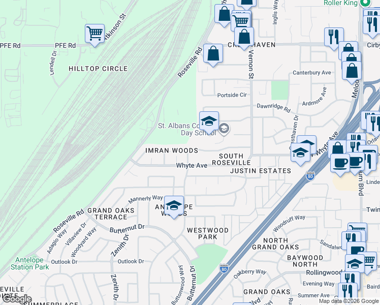 map of restaurants, bars, coffee shops, grocery stores, and more near 648 Vernon Oaks Drive in Roseville