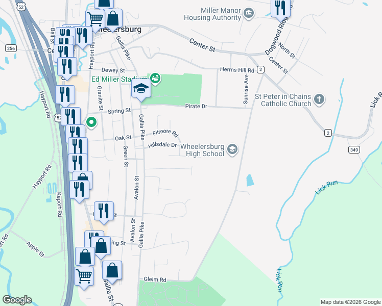 map of restaurants, bars, coffee shops, grocery stores, and more near 718 Hillsdale Drive in Wheelersburg