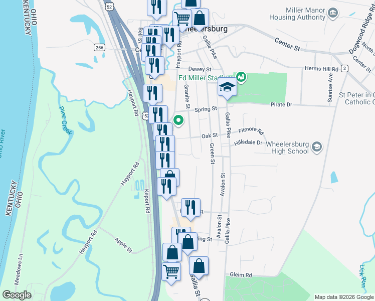 map of restaurants, bars, coffee shops, grocery stores, and more near 8503 Granite Street in Wheelersburg