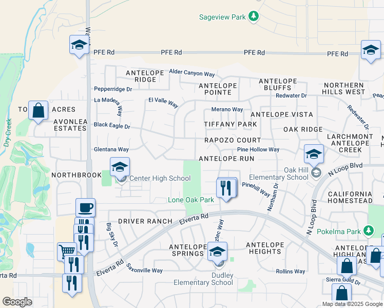 map of restaurants, bars, coffee shops, grocery stores, and more near 8405 Silver Run Way in Antelope